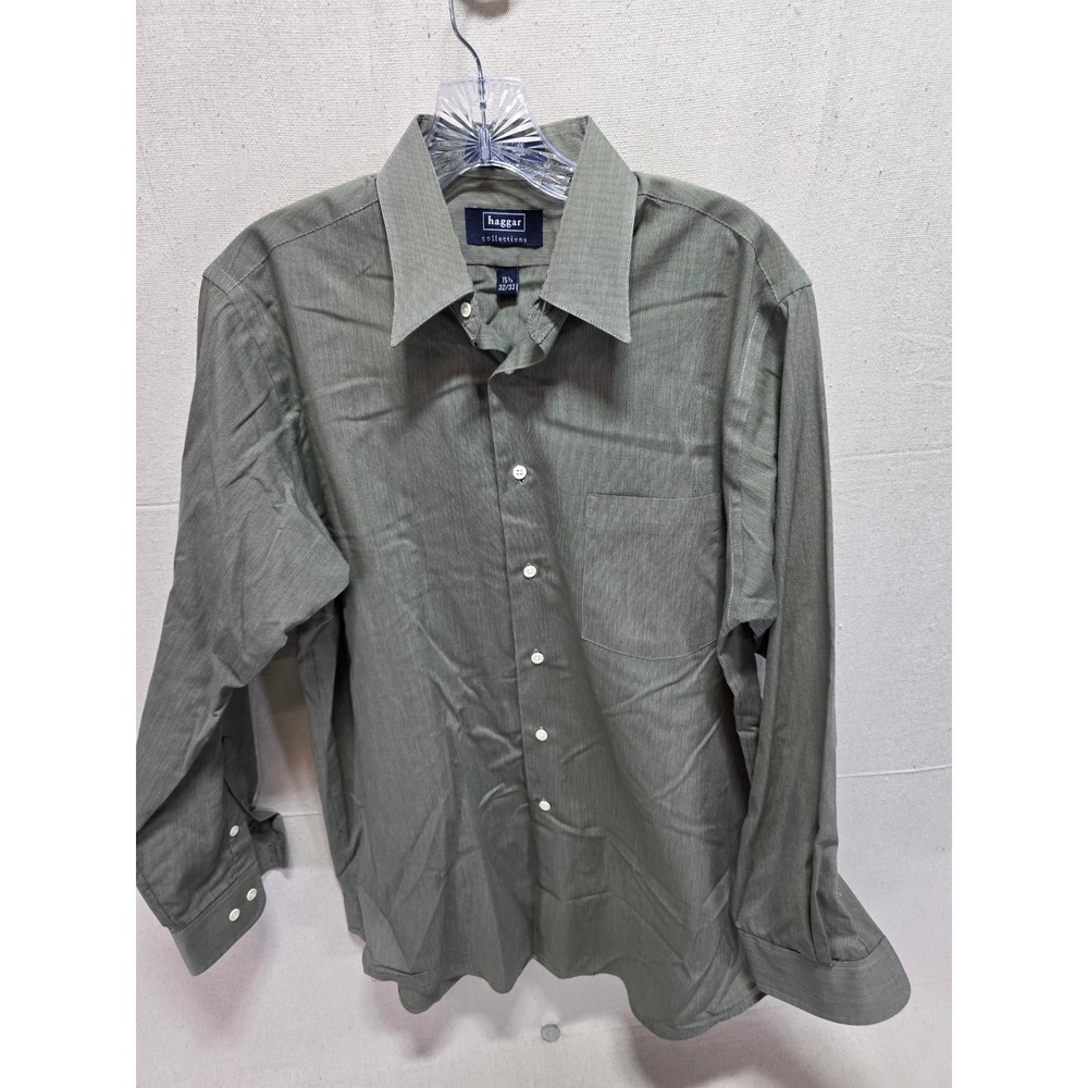 Haggar Collections Mens Olive Green Micro Stripe Dress Shirt 15.5 32/33 2925